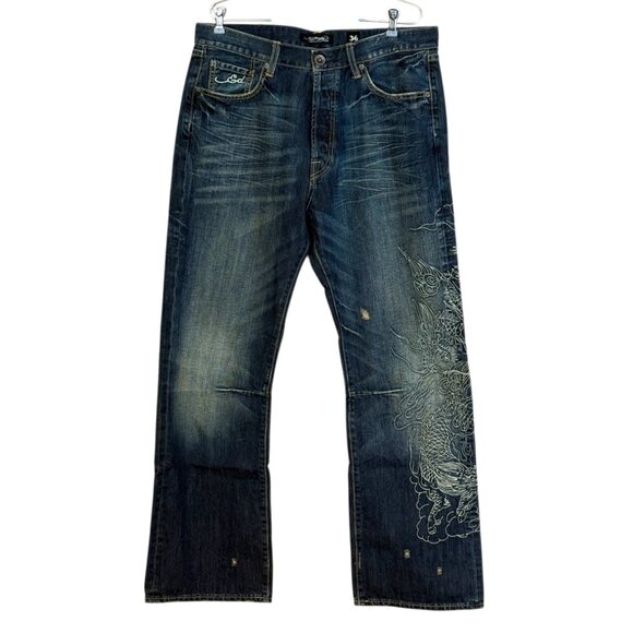 Ed Hardy by Christian Audigier Men's Dragon Embroidered Jeans Distressed Blue Si - Picture 2 of 11